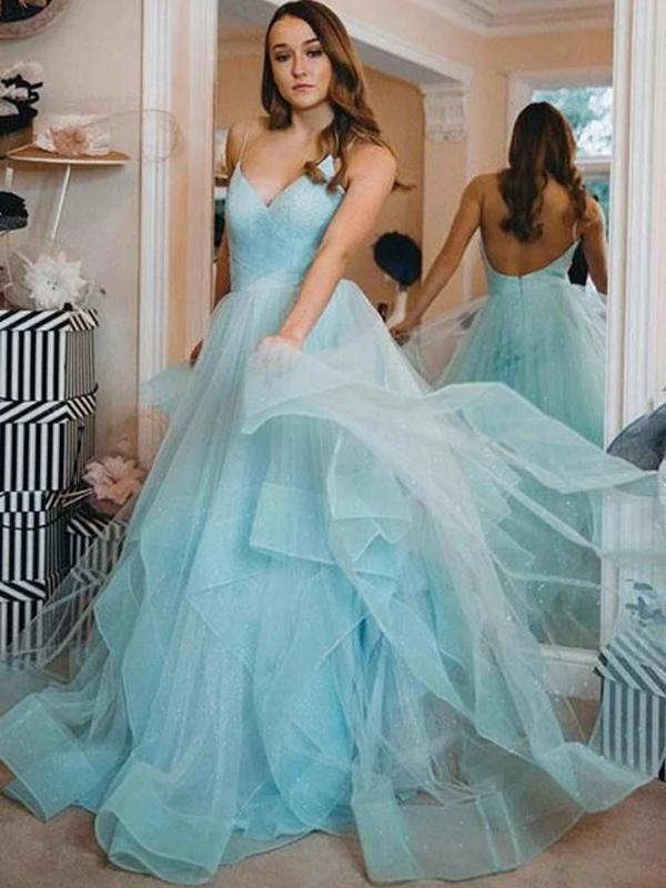 Sexy Backless Spaghetti Straps Ruffles A-line Long Evening Prom Dresses, Evening Party Prom Dresses, 12336