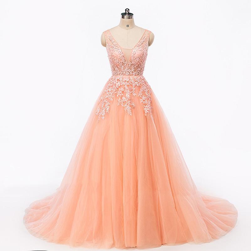 Sexy Backless V Neckline Lace A line Peach Long Evening Prom Dresses, Popular Cheap Long 2022 Party Prom Dresses, 17227