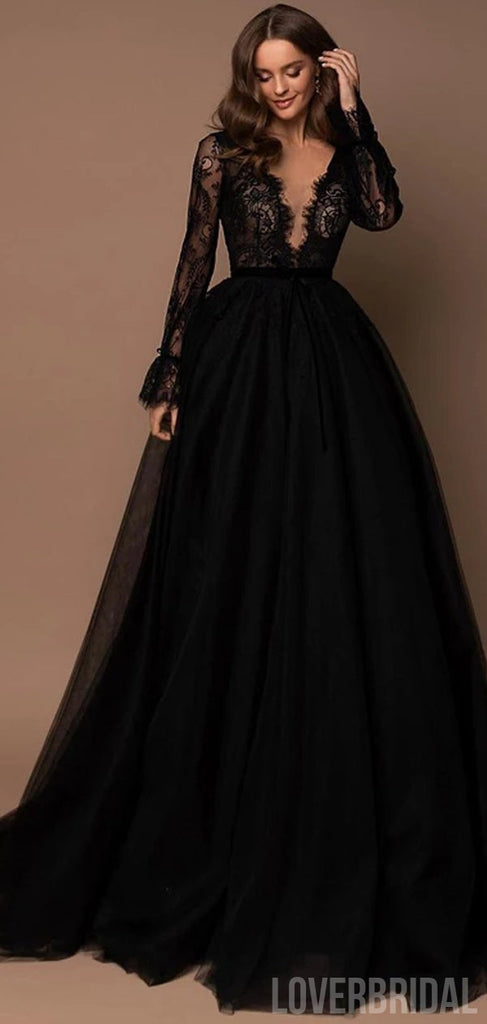 Sexy Black A-line Long Sleeves V-neck Cheap Long Prom Dresses Online,12603