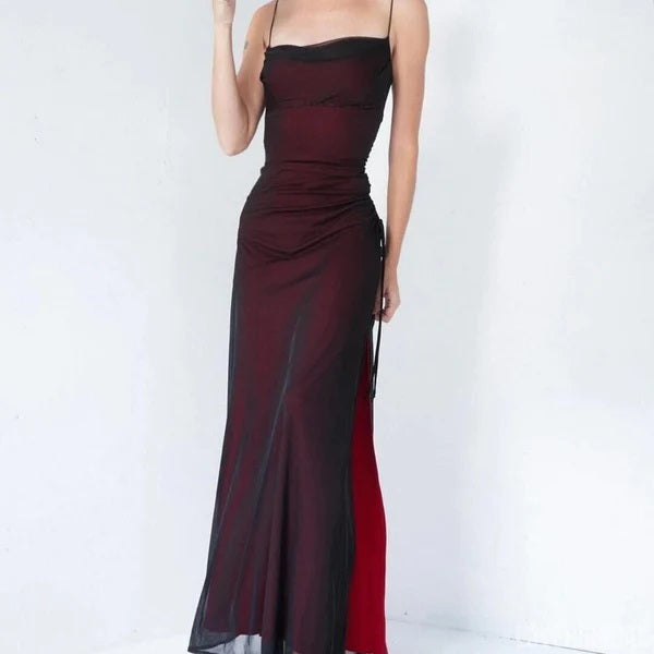 Sexy Black-Red High Slit Spaghetti Straps Cheap Maxi Long Prom Dresses,13035
