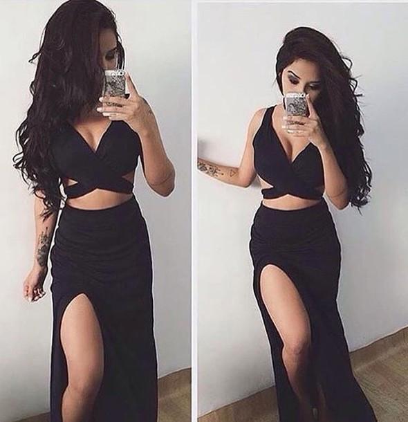 Sexy Black Two Pieces Evening Prom Dresses, 2017 Side Slit Prom Dresses, Custom Long Long Prom Dress ,PD0171