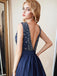 Sexy Blue A-line Straps V-neck Backless Cheap Long Party Prom Dresses Online,12364