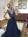 Sexy Blue A-line Straps V-neck Backless Cheap Long Party Prom Dresses Online,12364
