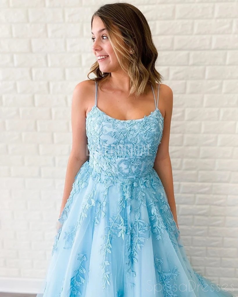Sexy Blue Backless Spaghetti Straps Lace Evening Prom Dresses, Evening Party Prom Dresses, 12271
