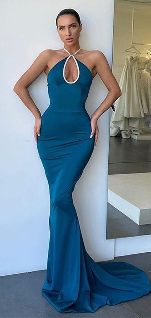 Sexy Blue Mermaid Halter Cheap Maxi Long Prom Dresses Online,13051