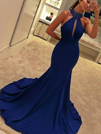 Sexy Blue Mermaid Halter V-neck Cheap Long Prom Dresses Online,Dance Dresses,12406