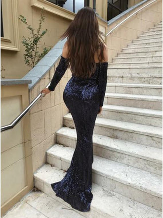 Sexy Blue Mermaid Long Sleeves Off Shoulder V-neck Cheap Prom Dresses Online,12426