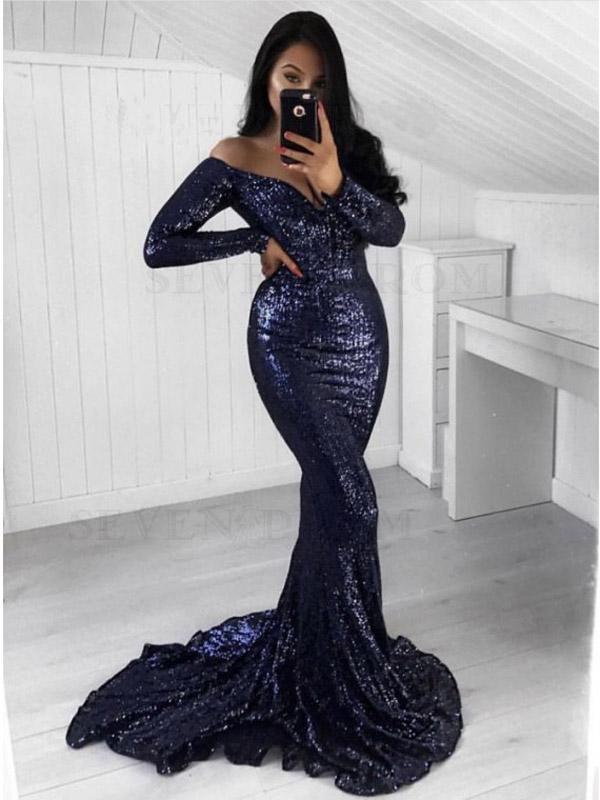Sexy Blue Mermaid Long Sleeves Off Shoulder V-neck Cheap Prom Dresses Online,12426