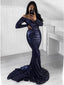 Sexy Blue Mermaid Long Sleeves Off Shoulder V-neck Cheap Prom Dresses Online,12426