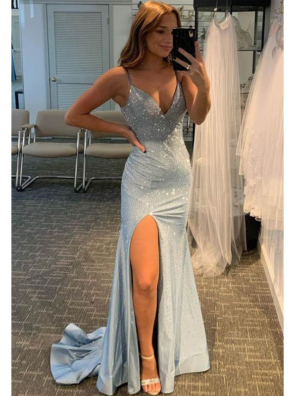 Sexy Blue Mermaid Spaghetti Straps V-neck High Slit Long Prom Dresses,12893