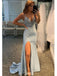 Sexy Blue Mermaid Spaghetti Straps V-neck High Slit Long Prom Dresses,12893