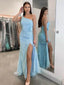 Sexy Blue Sheath One Shoulder High Slit Long Prom Dresses Online,12484