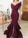 Sexy Dark Red Mermaid Off Shoulder Side Slit Cheap Long Prom Dresses,12637