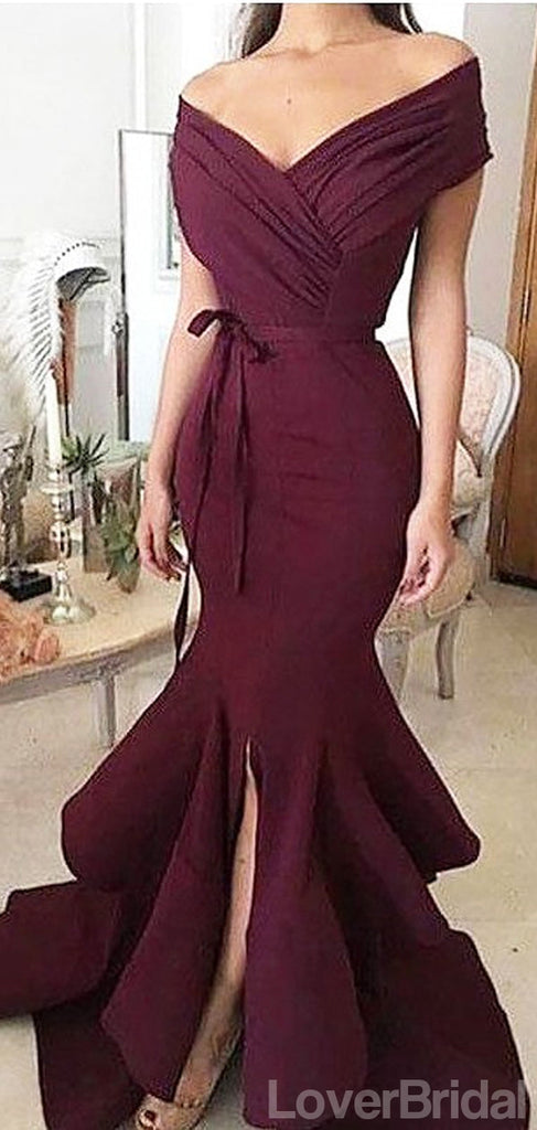 Sexy Dark Red Mermaid Off Shoulder Side Slit Cheap Long Prom Dresses,12637