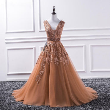 Sexy Deep V Neckline Brown A line Lace Long Evening Prom Dresses, Popular Cheap Long Party Prom Dresses, 17237