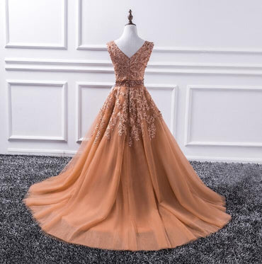 Sexy Deep V Neckline Brown A line Lace Long Evening Prom Dresses, Popular Cheap Long Party Prom Dresses, 17237