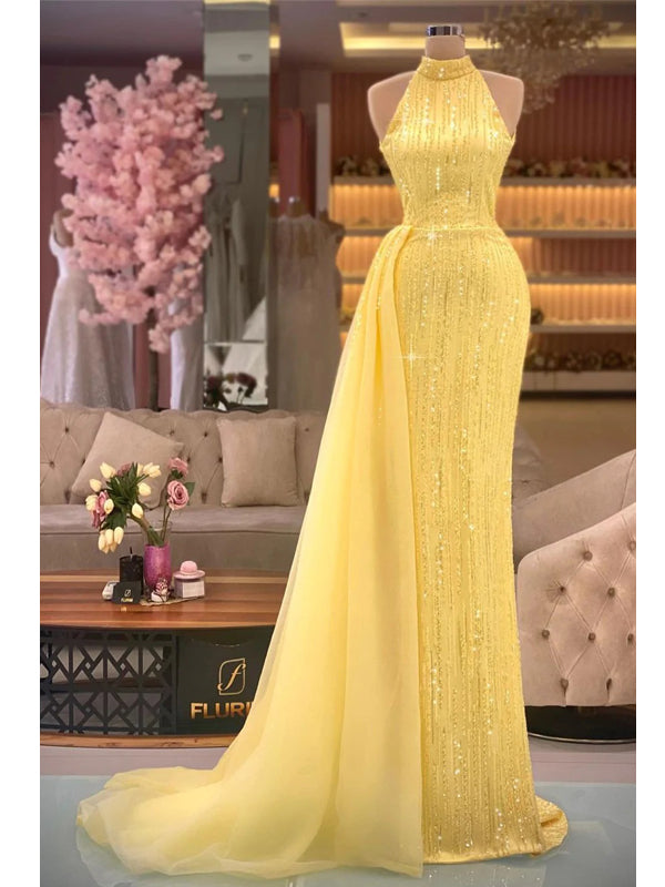 Sexy Gold Mermaid Halter Cheap Long Prom Dresses Online,12876