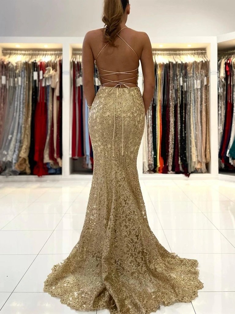 Sexy Gold Mermaid Spaghetti Straps Backless Cheap Long Prom Dresses Online,12492