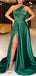 Sexy Green A-line High Slit One Shoulder Cheap Long Prom Dresses,12814
