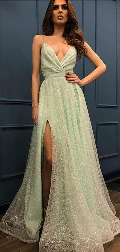 Sexy Green A-line Spaghetti Straps V-neck High Slit Long Prom Dresses,12911