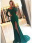 Sexy Green Mermaid Long Sleeves High Slit Cheap Prom Dresses Online,12504