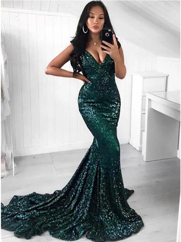Sexy Green Mermaid V-neck Spaghetti Straps Cheap Long Prom Dresses Online,12524