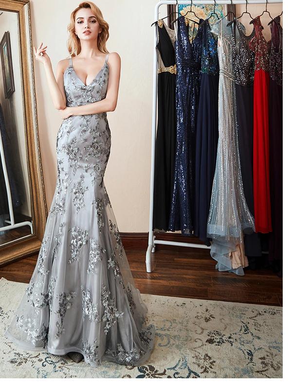 Sexy Grey Mermaid Spaghetti Straps V-neck Backless Long Party Prom Dresses Online,12365