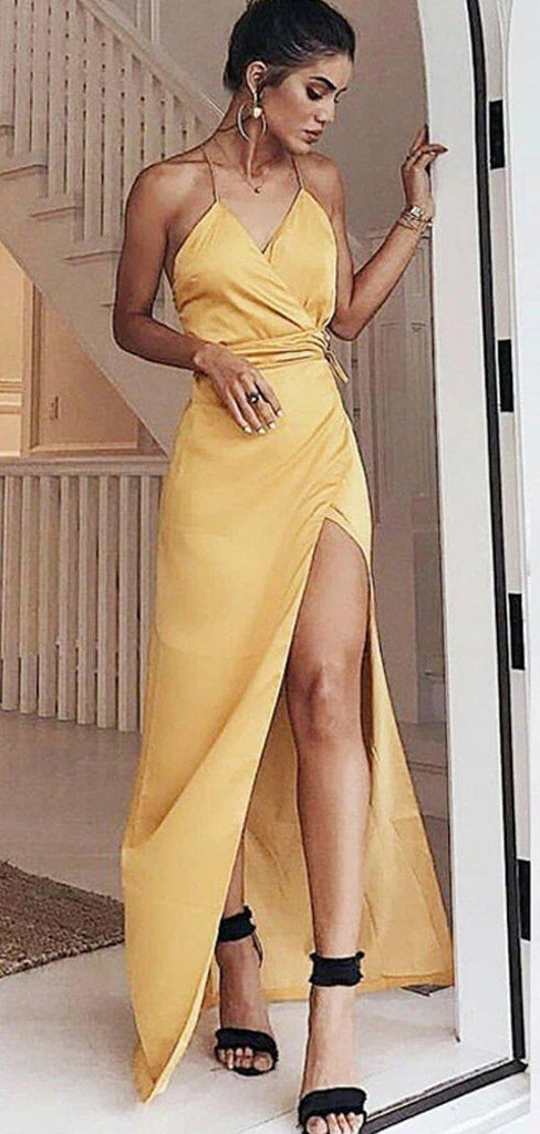 Sexy Halter Yellow Side Slit Long Cheap Evening Prom Dresses, Evening Party Prom Dresses, 12347
