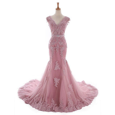 Sexy Lace Mermaid V Neckline Dusty Pink Long Evening Prom Dresses, Popular Cheap Long 2022 Party Prom Dresses, 17226