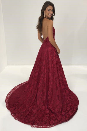 Sexy Lace V Neck Side Slit A-line Long Evening Prom Dresses, 17711