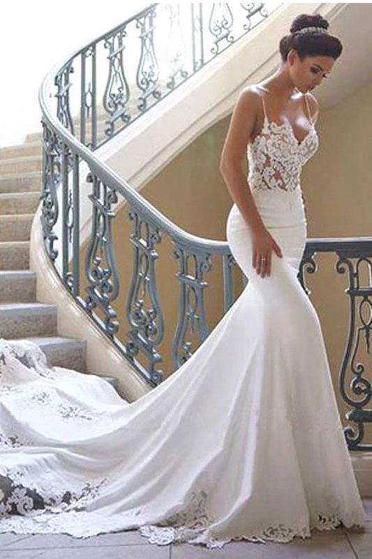 Sexy Long Mermaid See Through Spaghetti Straps Lace Wedding Dresses,WD737