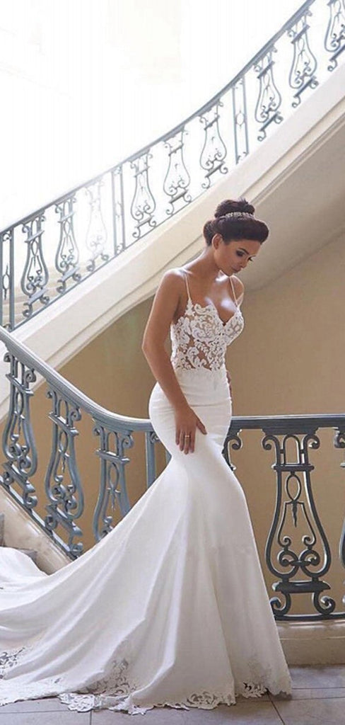 Sexy Long Mermaid See Through Spaghetti Straps Lace Wedding Dresses,WD737