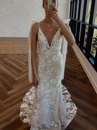 Sexy Long Mermaid Sleeveless V-neck Handmade Lace Wedding Dresses,WD770