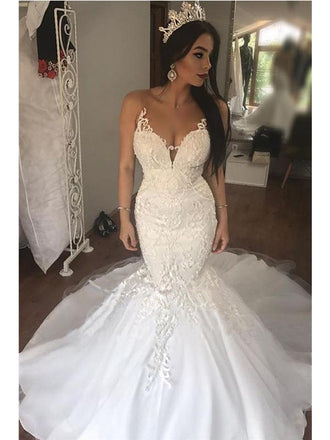 Sexy Long Mermaid Sleeveless V-neck Lace Wedding Dresses,WD767