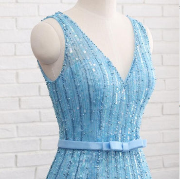 Sexy Low Back Blue V Neckline Heavily Beaded Luxuries Mermaid Evening Prom Dresses, Popular Unique Party Prom Dress, Custom Long Prom Dresses, Cheap Formal Prom Dresses, 18003