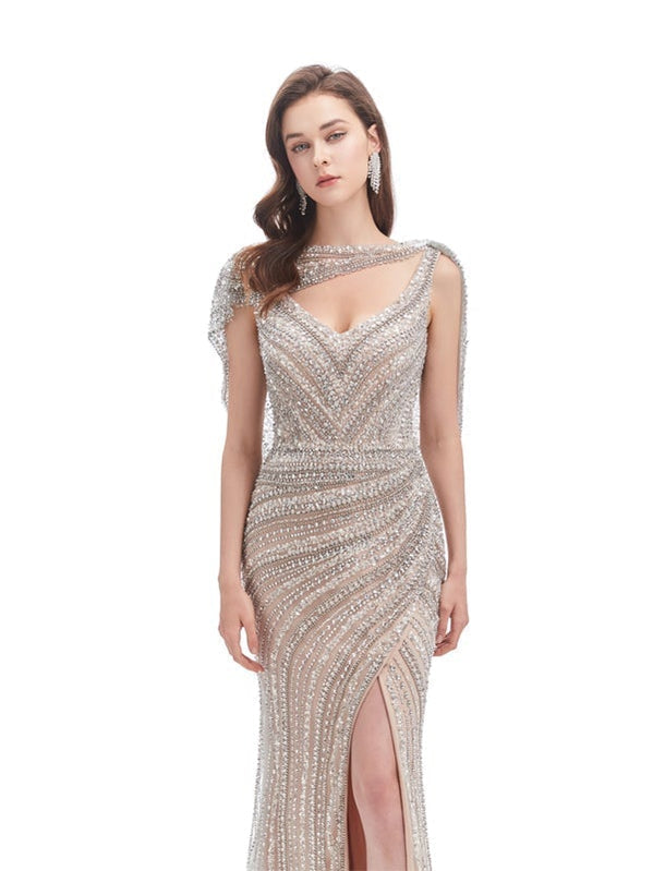 Sexy Mermaid Champagne V-neck High Slit Long Prom Dresses Online,12592
