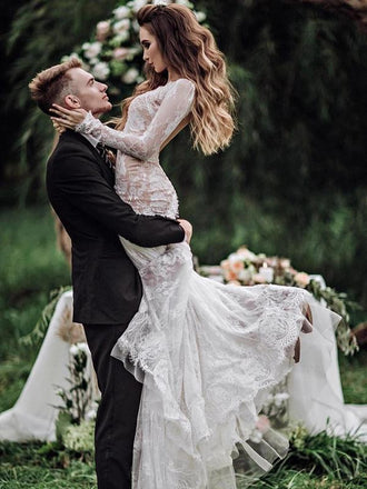 Sexy Mermaid Long Sleeves Jewel Handmade Lace Wedding Dresses,WD749