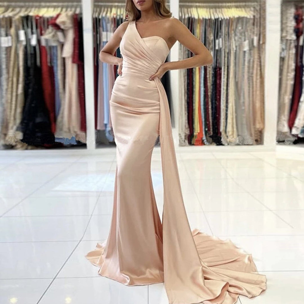 Sexy Mermaid One Shoulder Light Pink Cheap Bridesmaid Dresses Gown Online,WG947