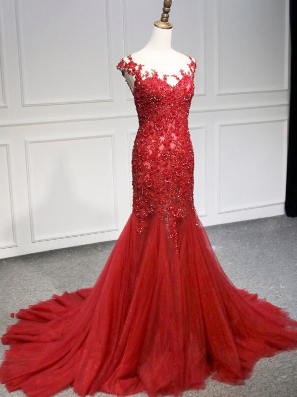 Sexy Mermaid Red Cap Sleeves Long Prom Dresses Online, Dance Dresses,12379