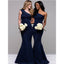 Sexy Navy Blue Mermaid One Shoulder Cheap Long Bridesmaid Dresses,WG1075
