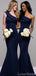 Sexy Navy Blue Mermaid One Shoulder Cheap Long Bridesmaid Dresses,WG1075
