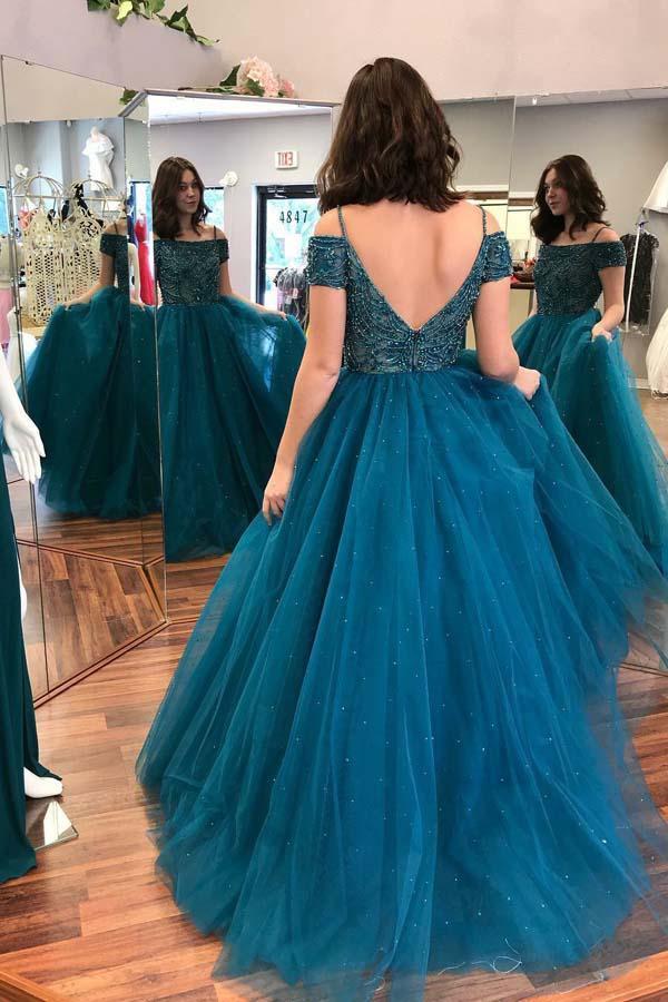 Sexy Off Shoulder Backless Teal A line Long Evening Prom Dresses, Popular Cheap Long Party Prom Dresses, 17311