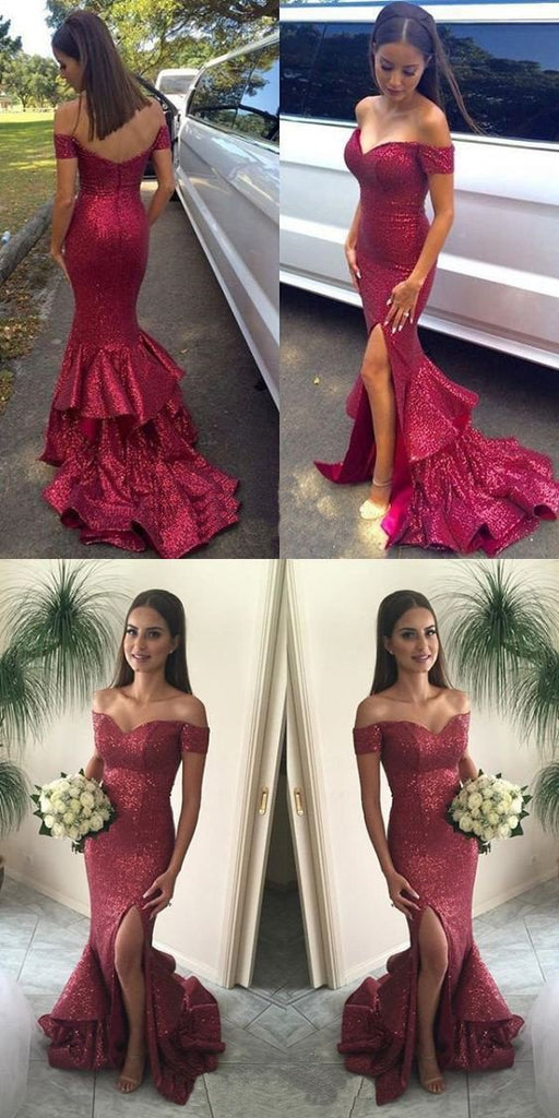 Sexy Off Shoulder Sparkle Red Sequined Mermaid Prom Dresses,  Long Red Evening Dresses, Long Prom Dress, Prom Dresses Online,PD0184