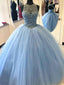 Sexy Open Back Blue Beaded Ball Gown A line Long Evening Prom Dresses, 17526