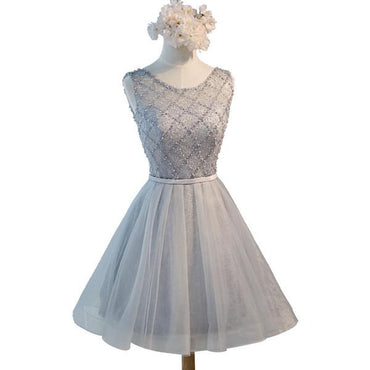 Sexy Open Back Grey Lace Beaded Homecoming Prom Dresses, Affordable Short Party Prom Dresses, Perfect Homecoming Dresses, CM286