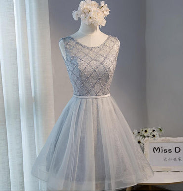 Sexy Open Back Grey Lace Beaded Homecoming Prom Dresses, Affordable Short Party Prom Dresses, Perfect Homecoming Dresses, CM286