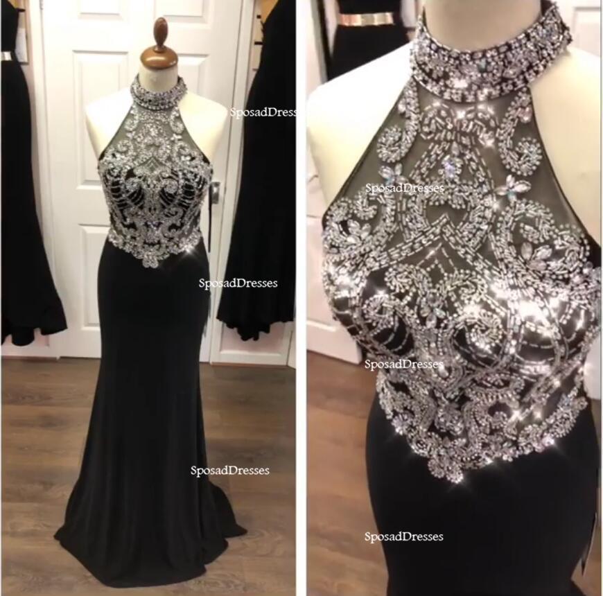 Sexy Open Back Halter Heavily Beaded Black Mermaid Long Evening Prom Dresses, Popular Cheap Long Party Prom Dresses, 17278