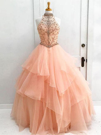 Sexy Open Back Orange Halter Delicate Beading Rhinestone Ball Gown Organza Long Evening Prom Dresses, 17347