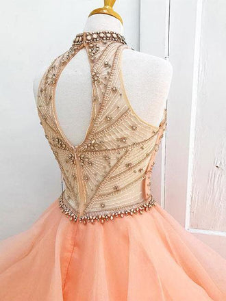 Sexy Open Back Orange Halter Delicate Beading Rhinestone Ball Gown Organza Long Evening Prom Dresses, 17347