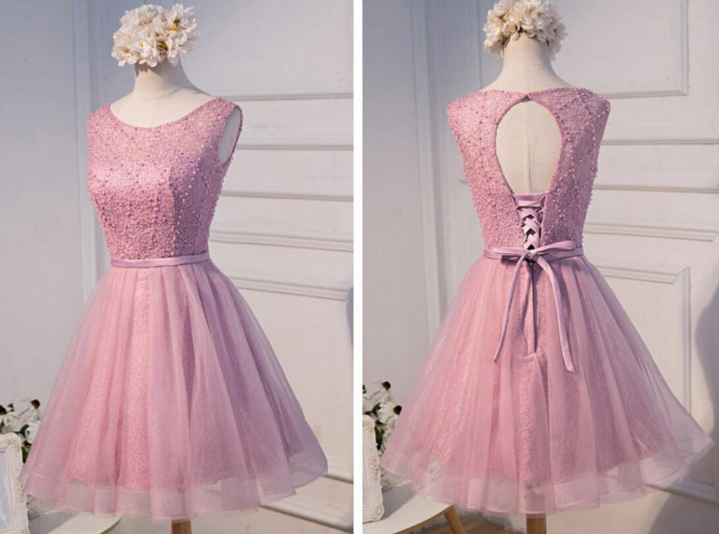 Sexy Open Back Pink Beaded Cute Homecoming Prom Dresses, Affordable Short Party Prom Dresses, Perfect Homecoming Dresses, CM303